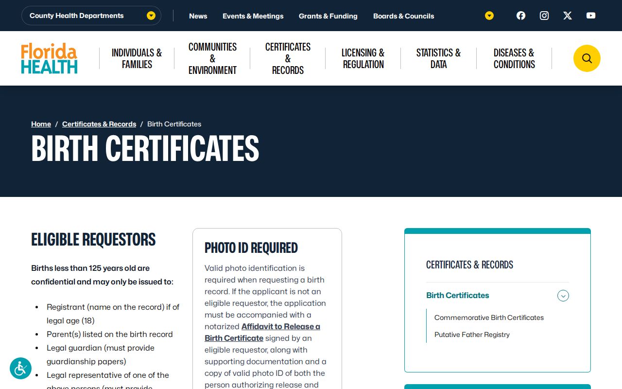Florida Department of Health birth certificate access rules relevant to private household information