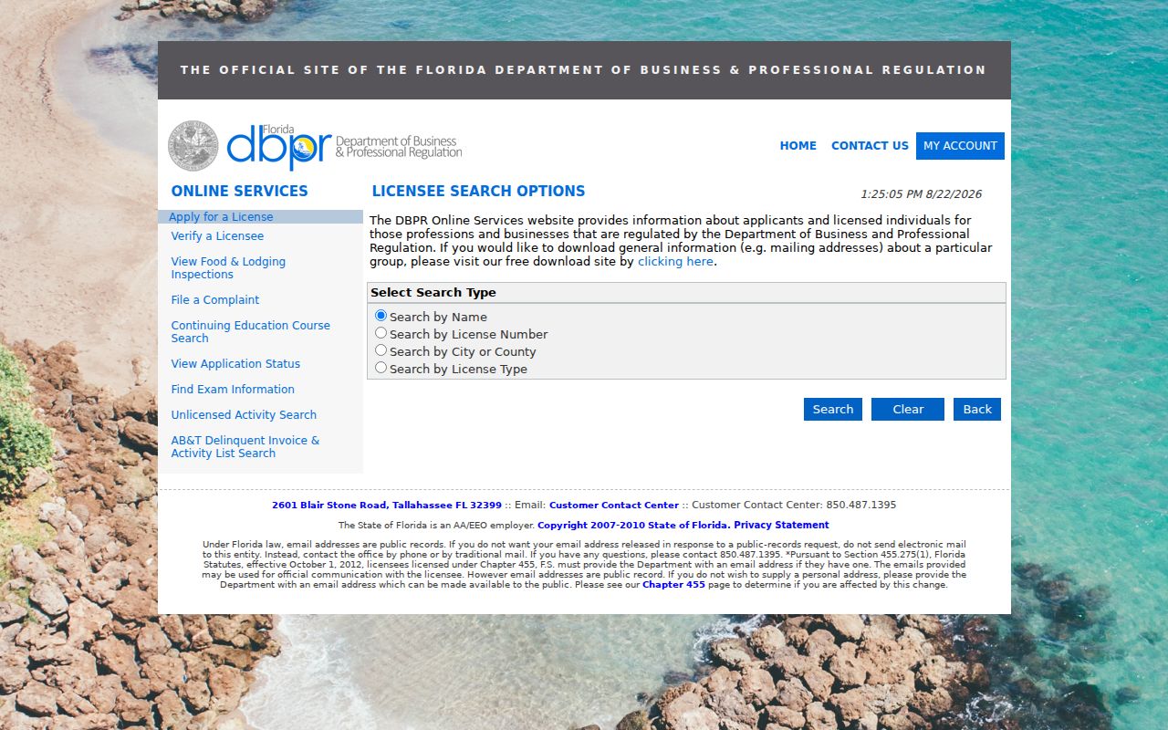 Florida DBPR professional license search used for a Brevard County resident lookup