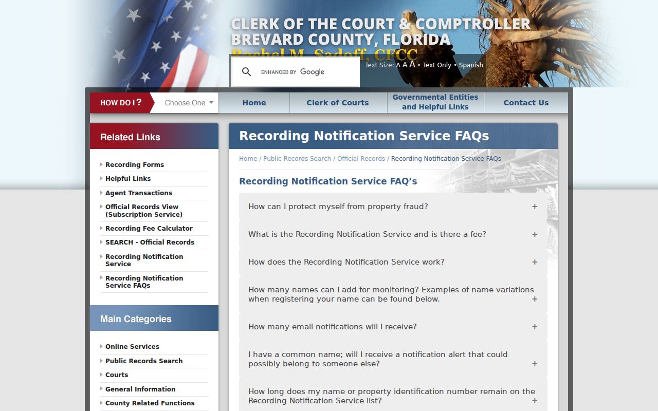 Brevard County street directory recording notification service