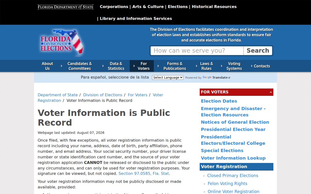 Florida voter information public-record fields relevant to ZIP-sorted Brevard data